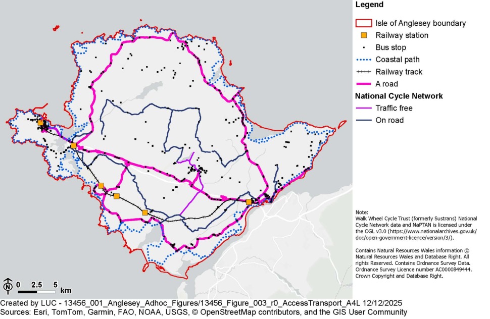 Map showing transport routes on Anglesey
