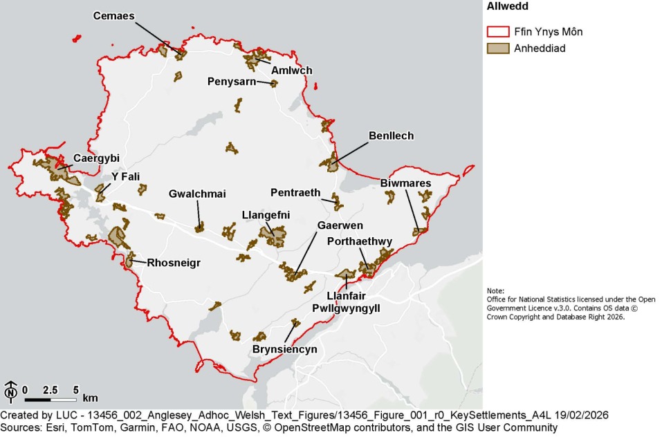 Map yn dangos prif anheddleoedd Ynys Môn